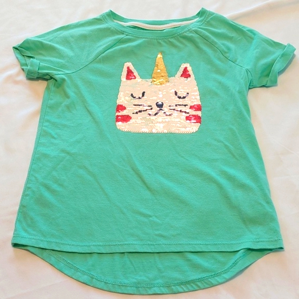 8 .Cat & Jack Green Sparkle CatTee .Girls Size 7/8